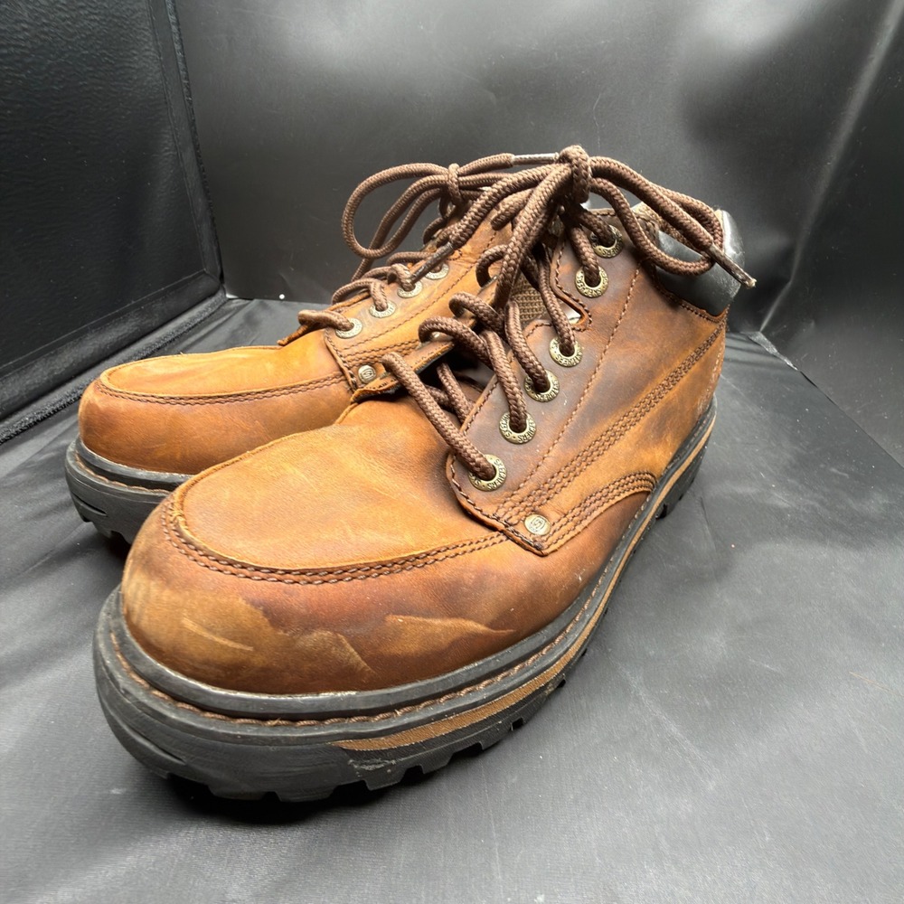 Skechers USA Mens 9.5 Brown Leather Moc Toe Logger Boots 4470 CDB Rugged Lug